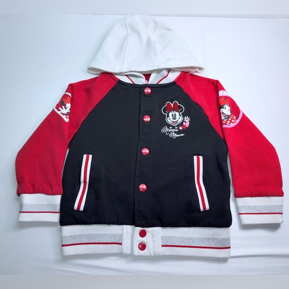 Disney Junior 4T Minnie Mouse Long Sleeve Hooded Embroidered Varsity Jacket - Picture 1 of 5